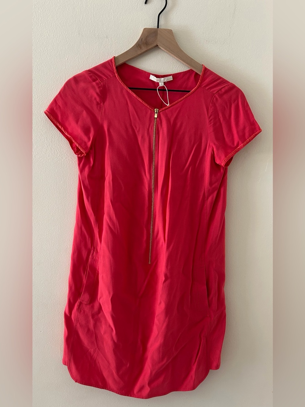 Maje Pink Short Sleeved Gold Zippered Front Shift Dress - Women’s Size 2